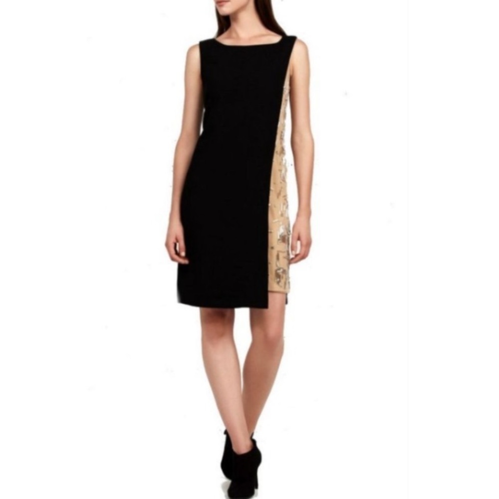 Bailey 44 Derrida Dress NWT Black Sheath Tan Embellished Statement Size Medium